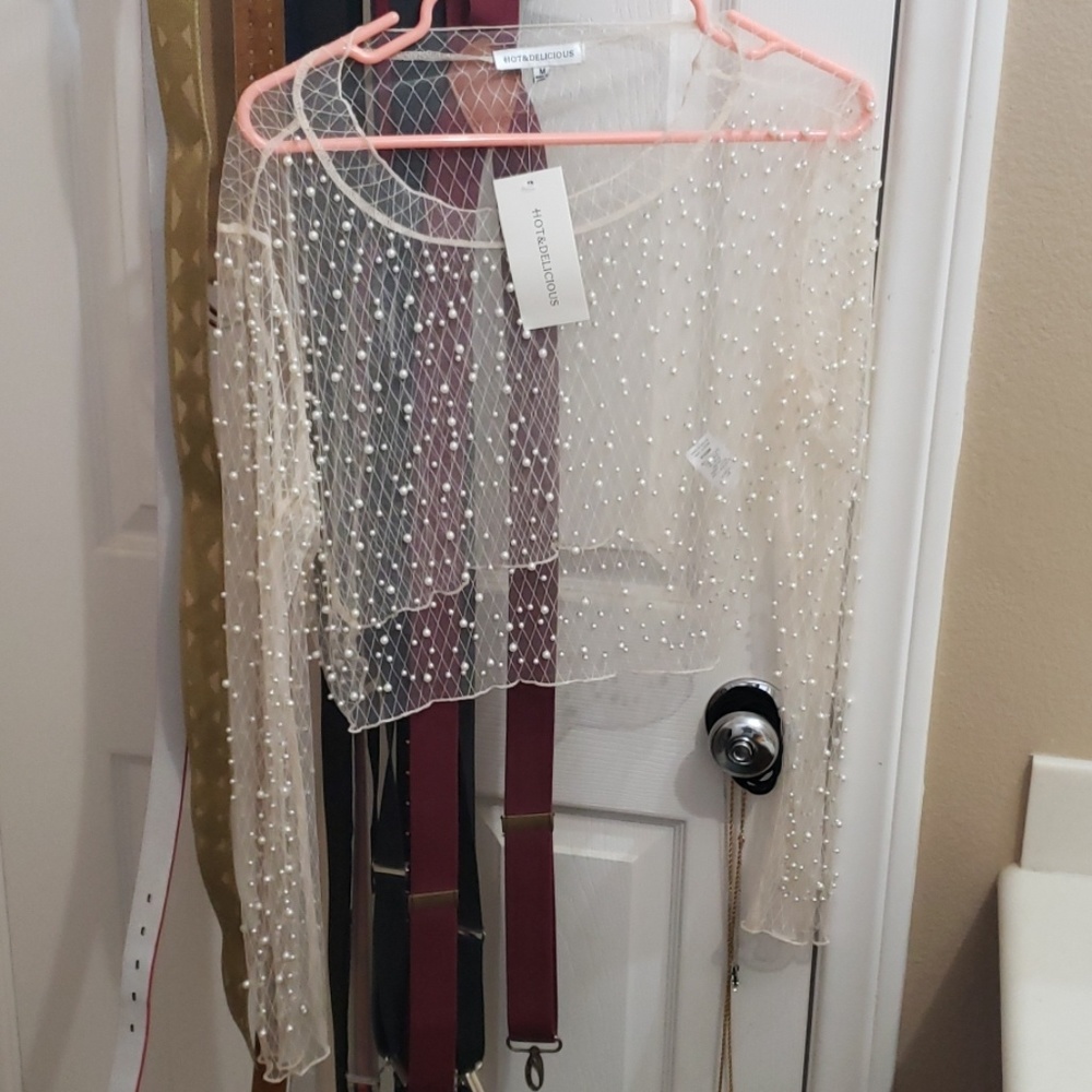 Nude Mesh Pearl Cropped Long Sleeve Top